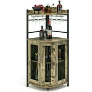 Costway Corner Bar Cabinet Industrial Liquor Wine Cabinet with Glass Holder \u0026 Mesh Doors